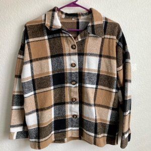 Women's Fall Color Block Plaid Flannel Jacket Button Down Shirt Coat Tops